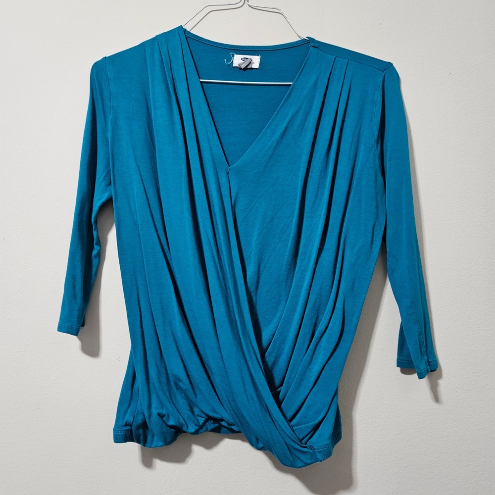 Old Navy Womens Teal Blue Surplice‎ Wrap V-Neck Pleated 3/4 Sleeve Blouse Size M